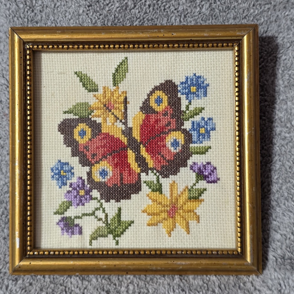 Vintage Cross Sitch Framed Butterfly And Flowers 6.5"